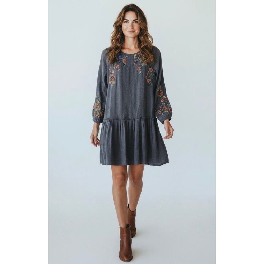 Zara Mini Dress S Gray Floral Embroidered Drop Waist Boho Cottagecore Folk Indie